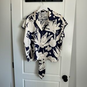 Rachel Zoe Navy and White Floral Satin Tie-Front Button-Up Top